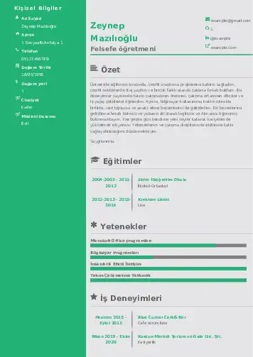 Felsefe Öğretmeni CV Örnekleri cv indir